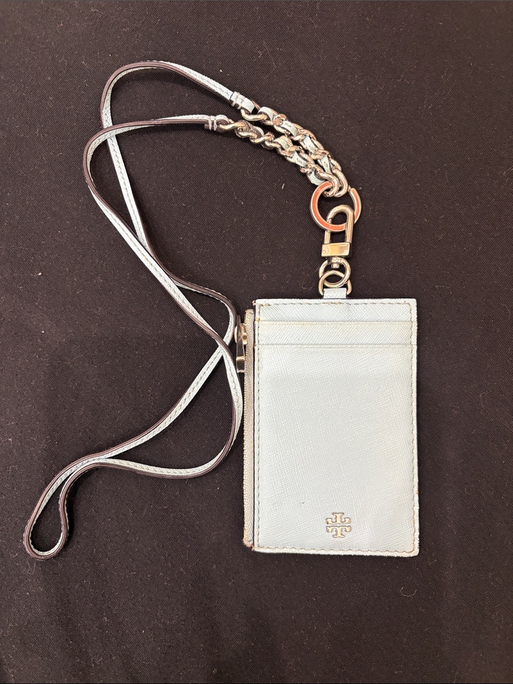 Tory Burch Baby Blue & Silver Cardholder Lanyard with Chain